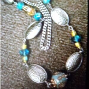 Boho Chic Long Necklace with Bronze Oval Beads and Teal Accent Beads, Gift Boxed